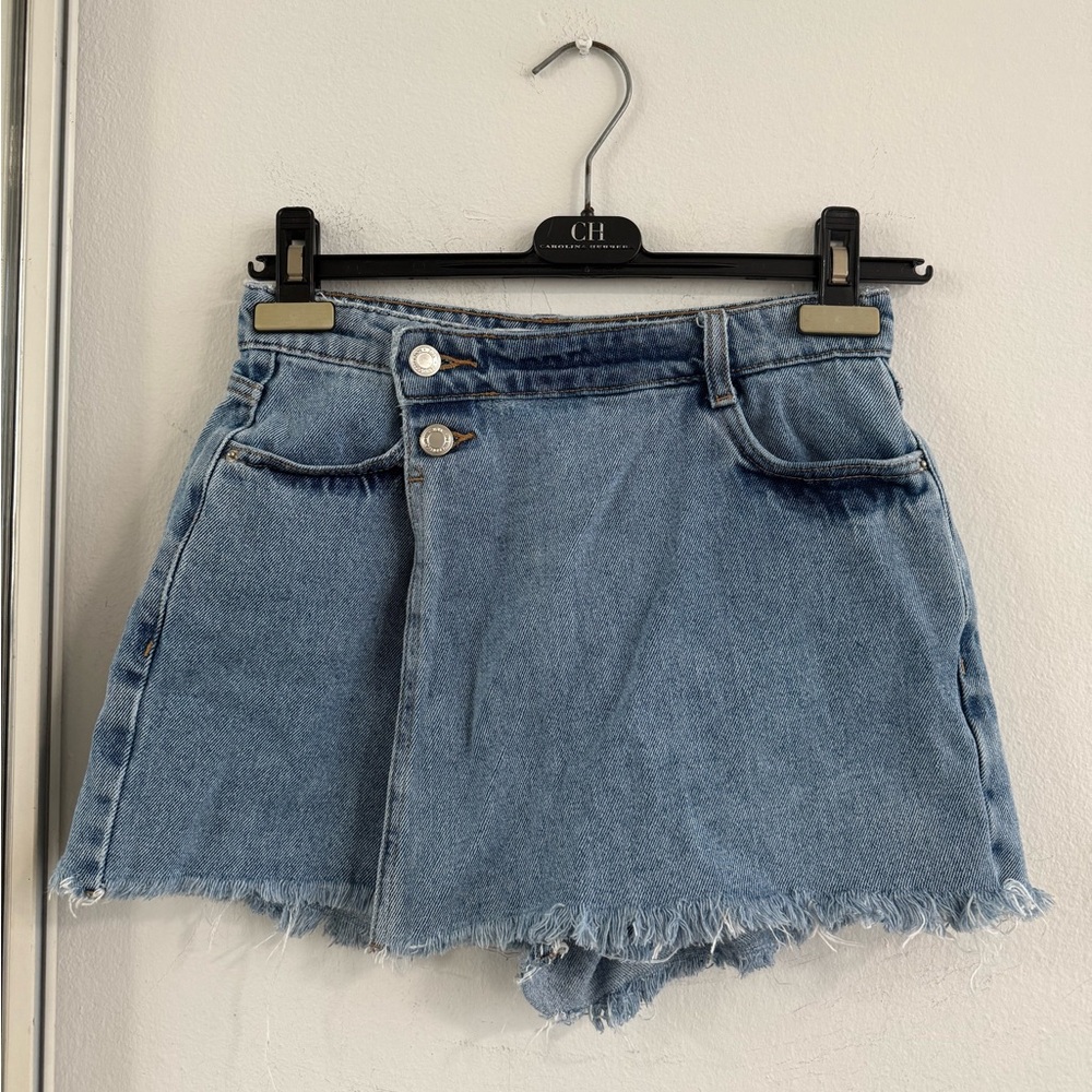 Zara Blue Denim Skort with Frayed Hem